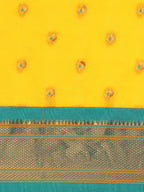 Maharani paithani saree silk blend in gold and rama with small peacock meena butti - body fabric detail showing motif design for wedding wear