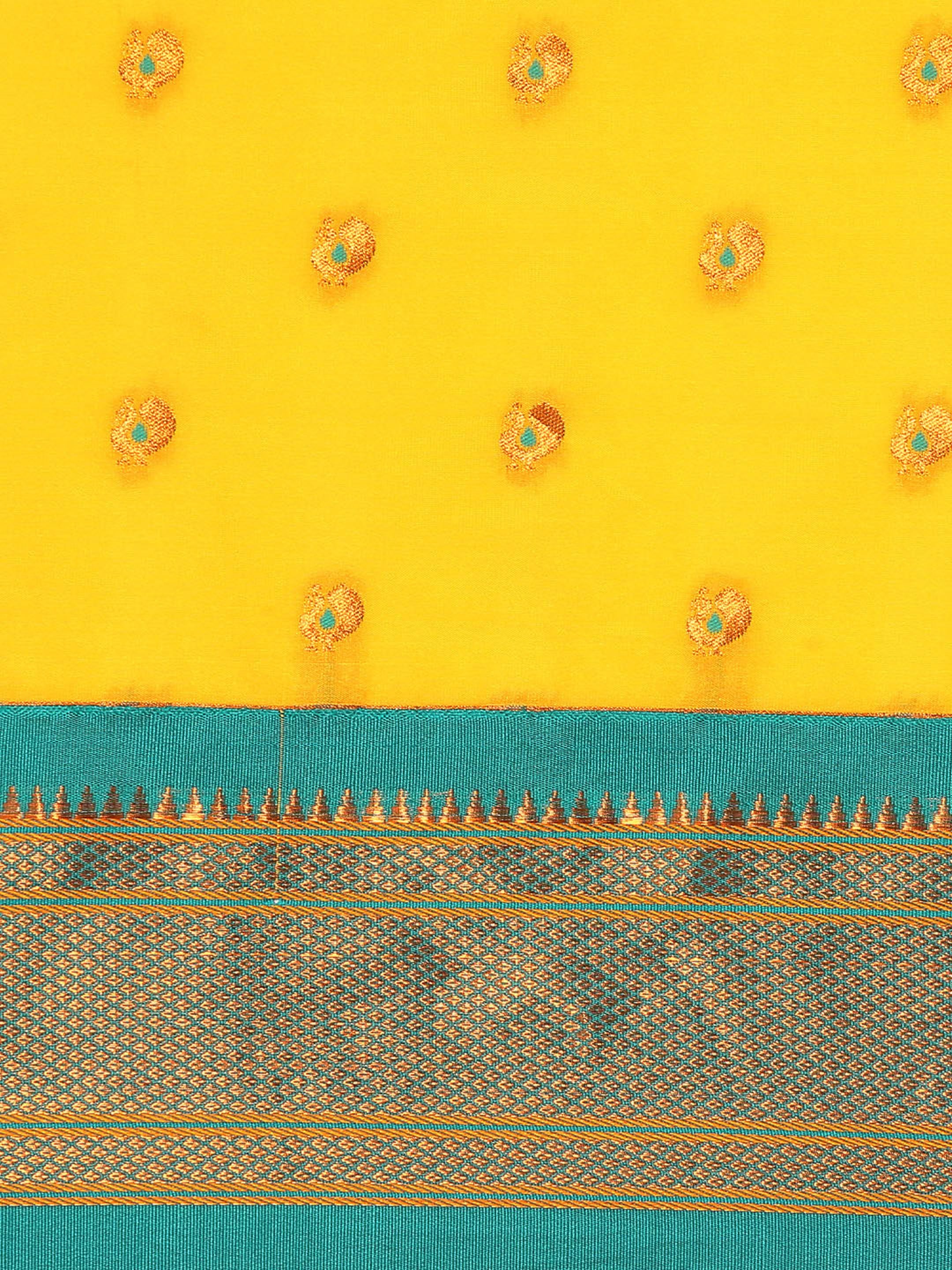 Maharani paithani saree silk blend in gold and rama with small peacock meena butti - body fabric detail showing motif design for wedding wear