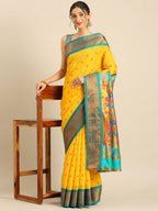 Maharani paithani saree silk blend in gold and rama with small peacock meena butti - styled model view for wedding wear