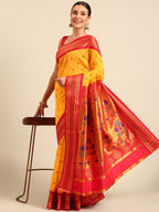 Maharani paithani saree soft silk in gold and red with small peacock meena butti - front view for wedding wear