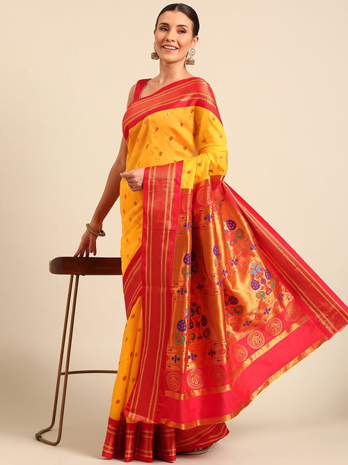 Maharani paithani saree soft silk in gold and red with small peacock meena butti - front view for wedding wear
