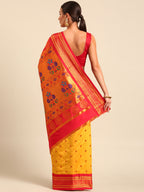 Maharani paithani saree soft silk in gold and red with small peacock meena butti - back view showing pallu and border for wedding wear
