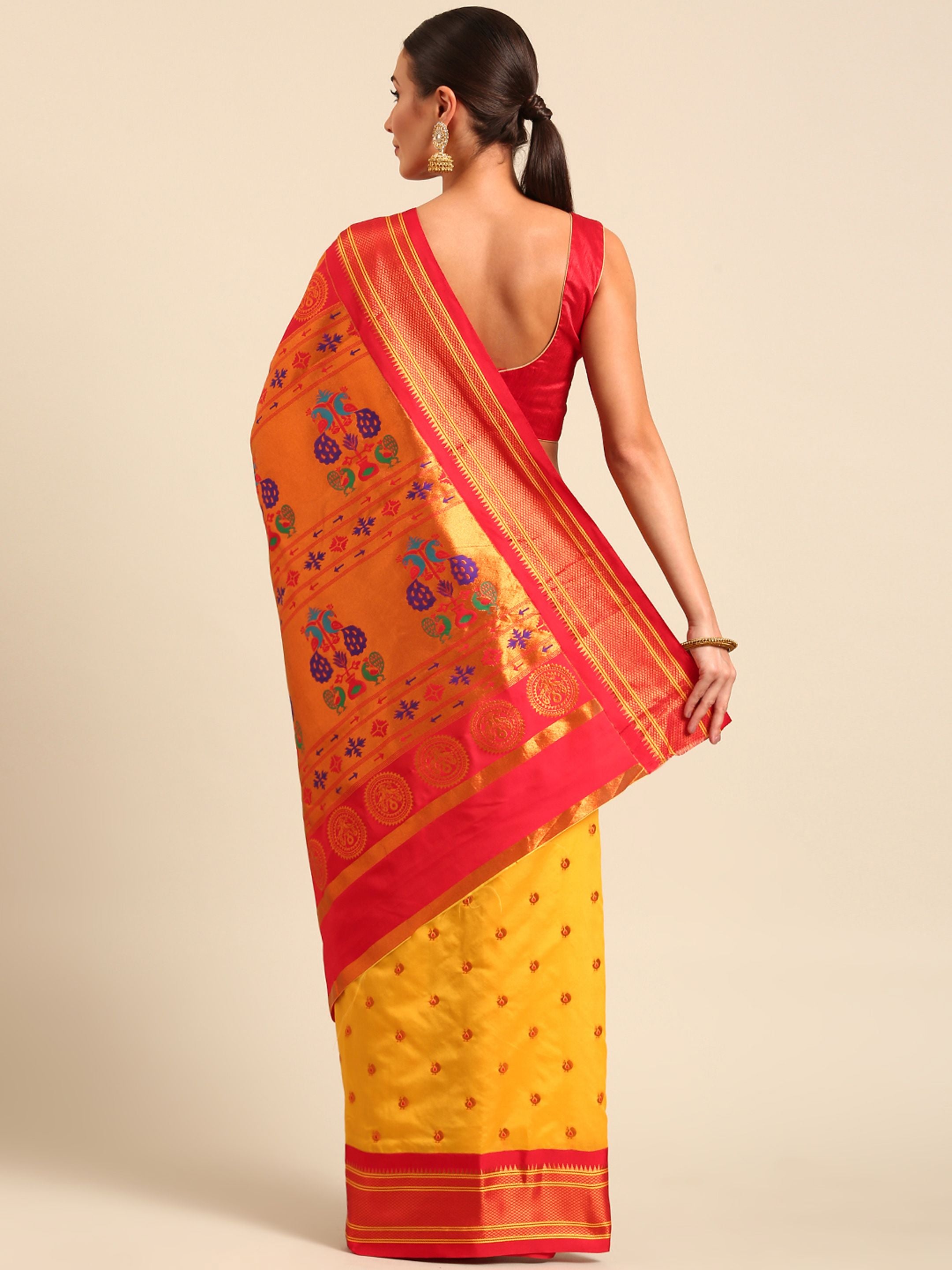 Maharani paithani saree silk blend in gold and red with small peacock meena butti - back view showing pallu and border for wedding wear