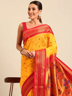Maharani paithani saree soft silk in gold and red with small peacock meena butti - closeup view showing fabric and zari work for wedding wear