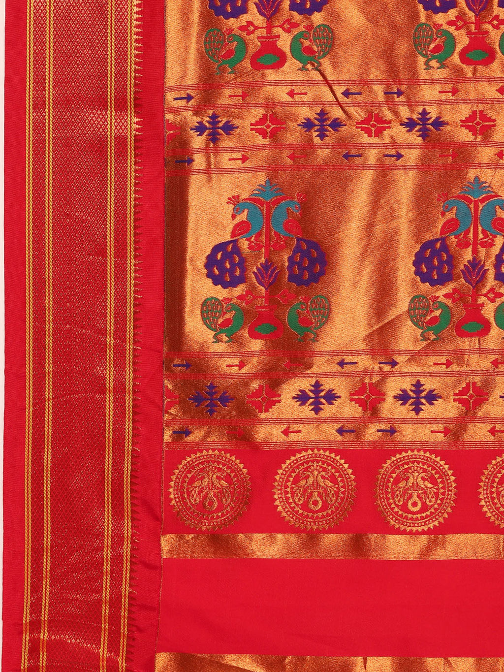 Maharani paithani saree silk blend in gold and red with small peacock meena butti - pallu detail showing woven motif design for wedding wear