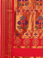 Maharani paithani saree soft silk in gold and red with small peacock meena butti - pallu detail showing woven motif design for wedding wear
