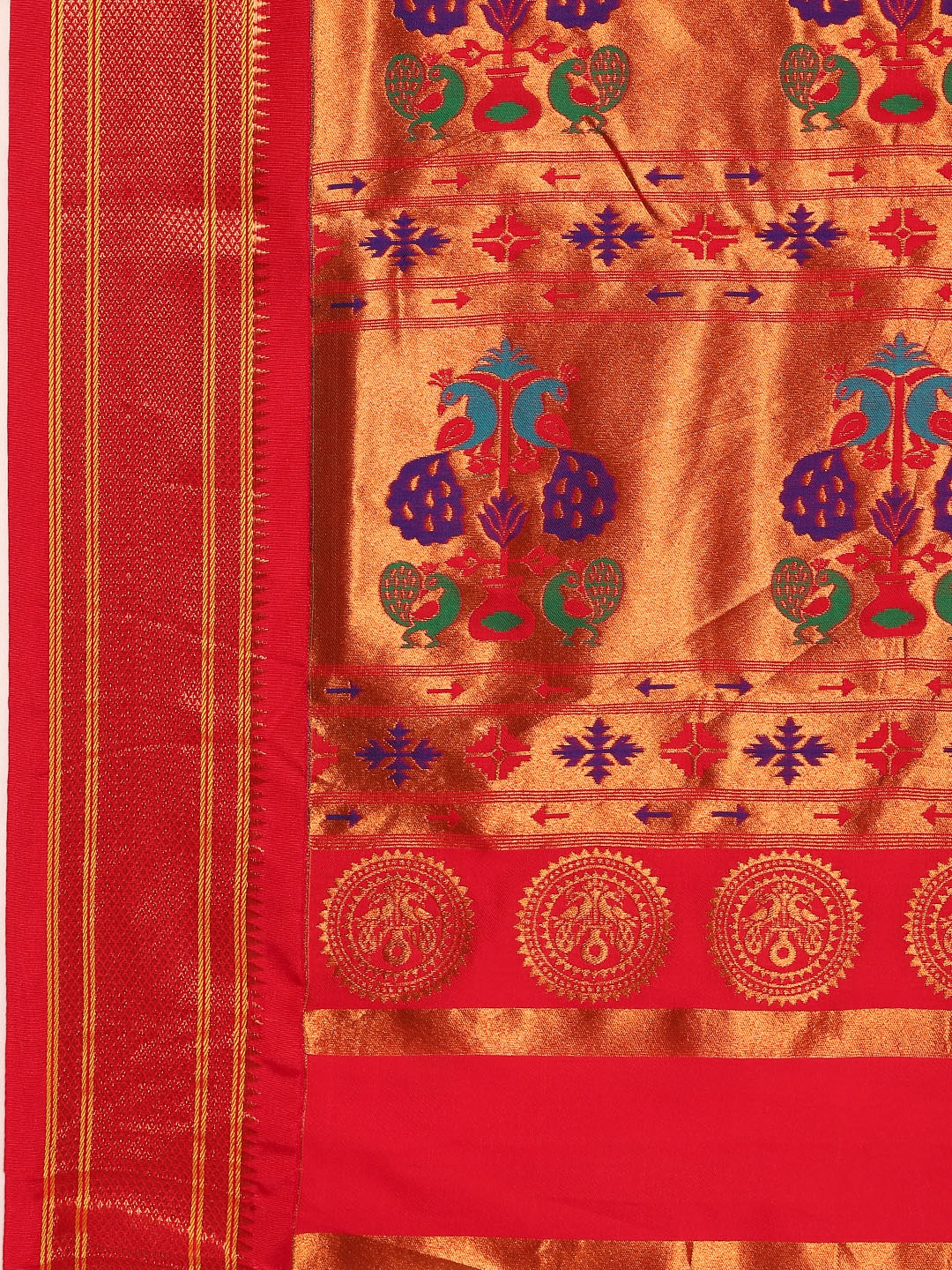 Maharani paithani saree silk blend in gold and red with small peacock meena butti - pallu detail showing woven motif design for wedding wear