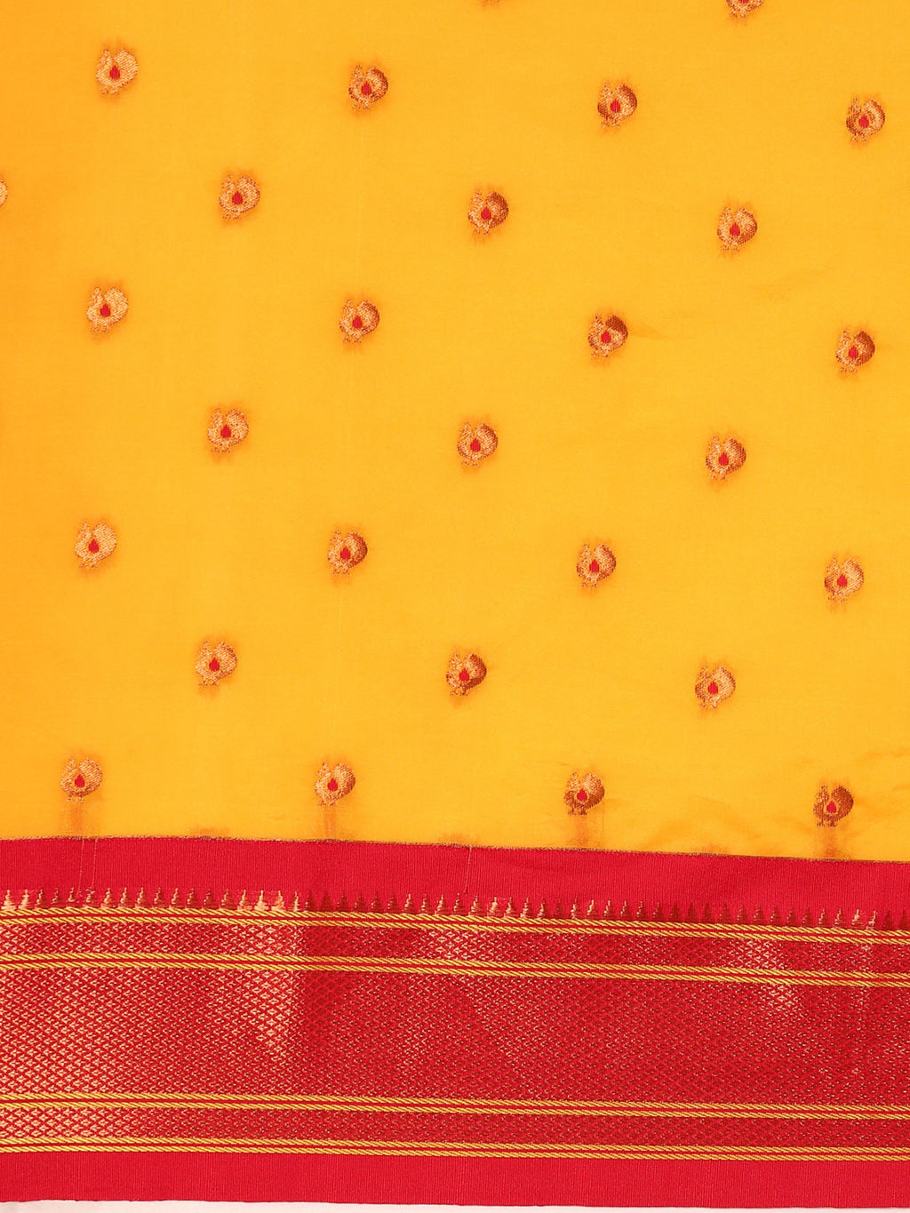 Maharani paithani saree silk blend in gold and red with small peacock meena butti - body fabric detail showing motif design for wedding wear