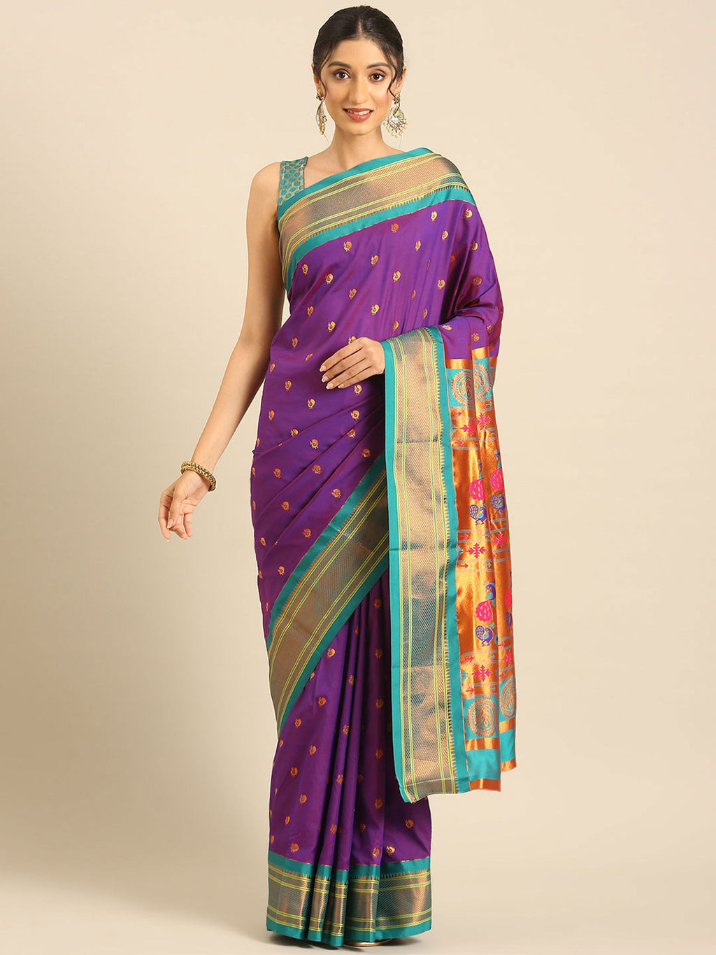 Maharani paithani saree silk blend in indigo blue and rama with small peacock meena butti - front view for wedding wear
