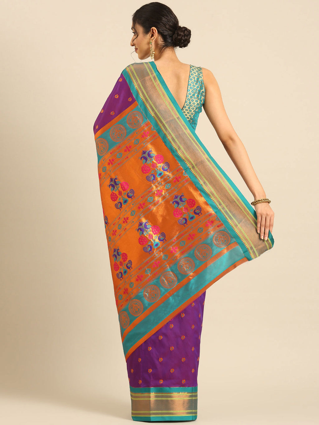 Maharani paithani saree silk blend in indigo blue and rama with small peacock meena butti - back view showing pallu and border for wedding wear