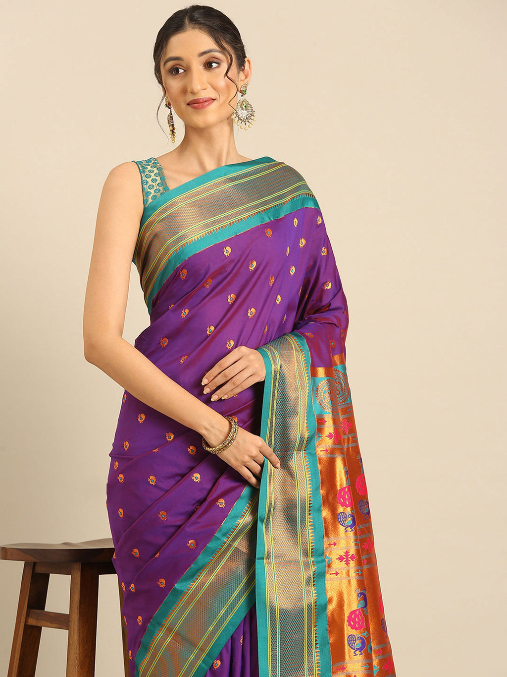 Maharani paithani saree silk blend in indigo blue and rama with small peacock meena butti - closeup view showing fabric and zari work for wedding wear