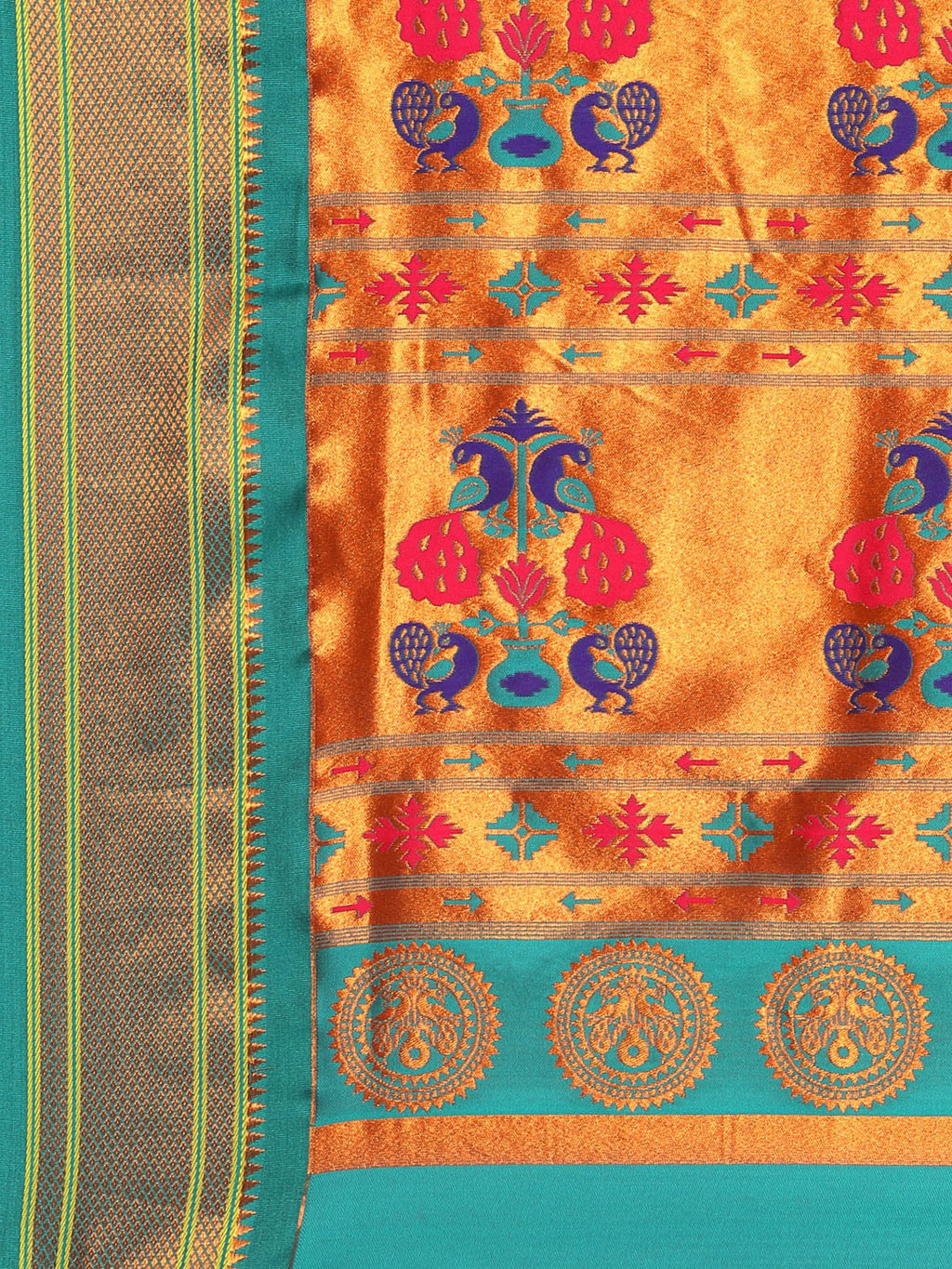 Maharani paithani saree silk blend in indigo blue and rama with small peacock meena butti - pallu detail showing woven motif design for wedding wear