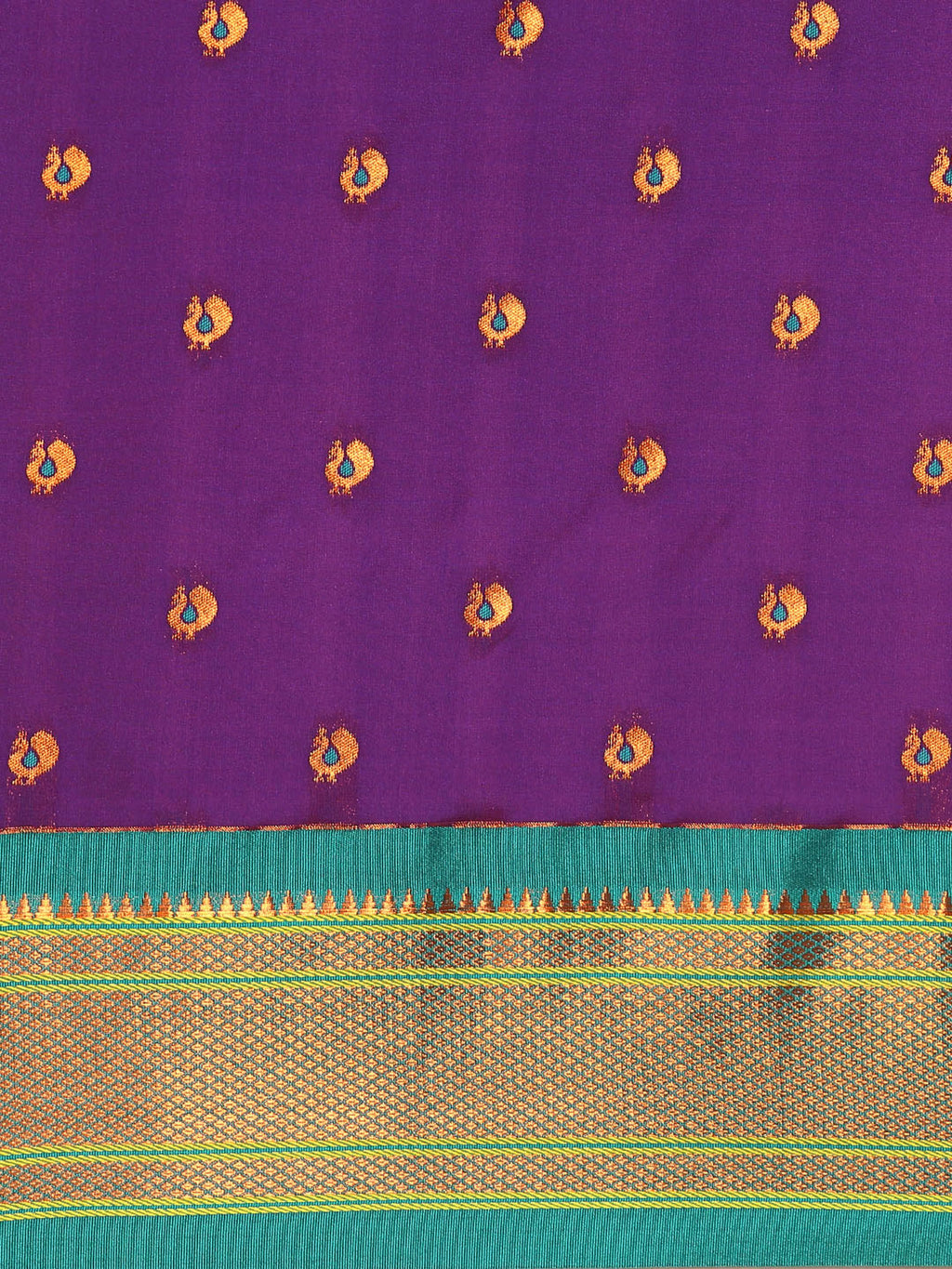 Maharani paithani saree silk blend in indigo blue and rama with small peacock meena butti - body fabric detail showing motif design for wedding wear