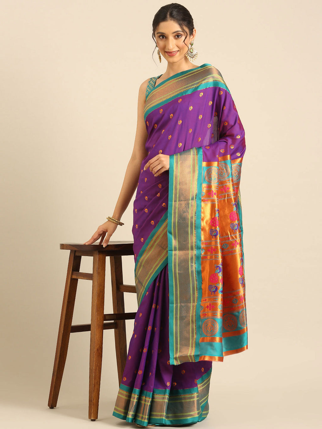 Maharani paithani saree silk blend in indigo blue and rama with small peacock meena butti - styled model view for wedding wear