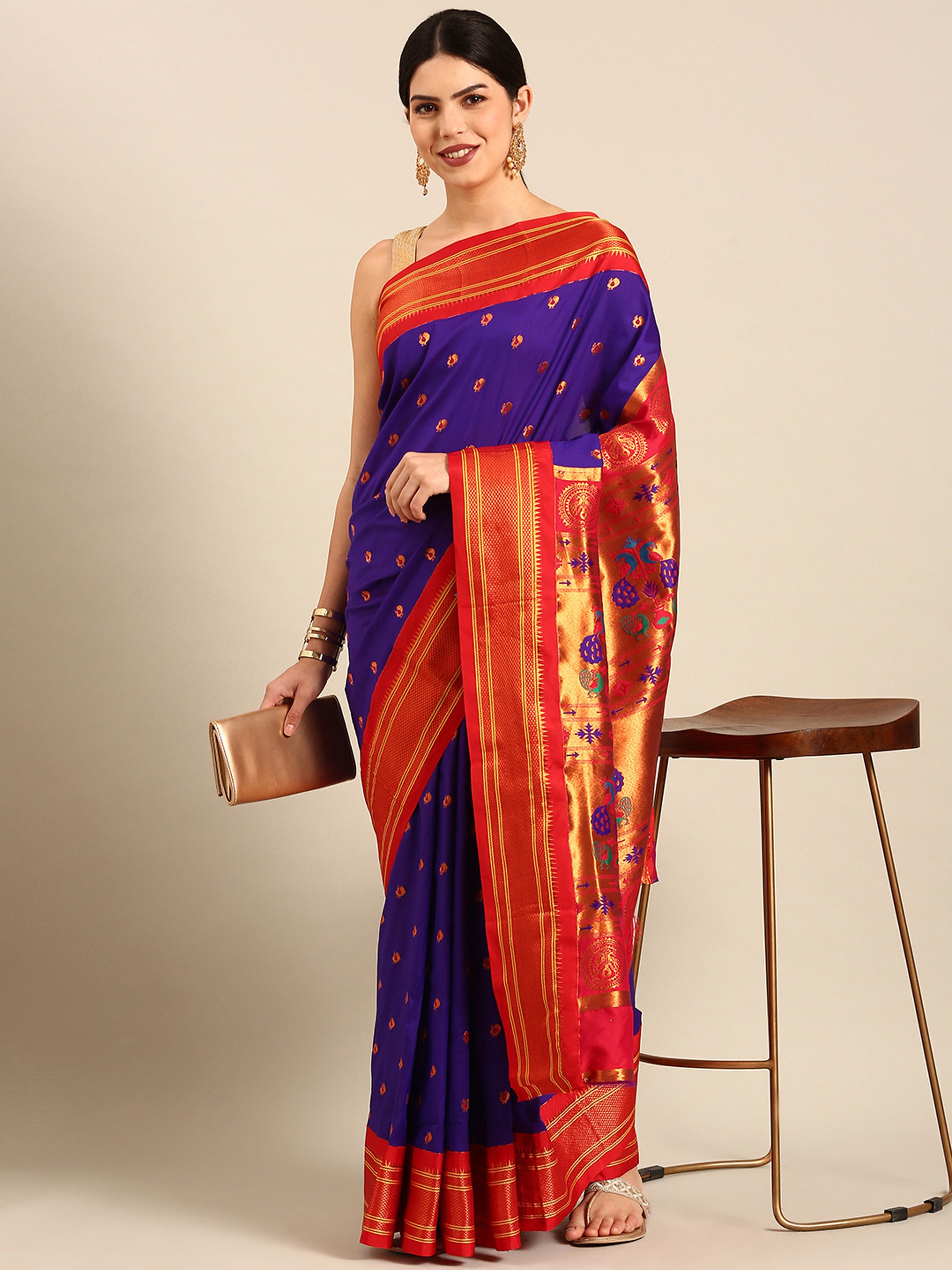 Maharani paithani saree silk blend in indigo blue and red with small peacock meena butti - front view for wedding wear