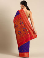 Maharani paithani saree silk blend in indigo blue and red with small peacock meena butti - back view showing pallu and border for wedding wear