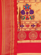 Maharani paithani saree silk blend in indigo blue and red with small peacock meena butti - pallu detail showing woven motif design for wedding wear