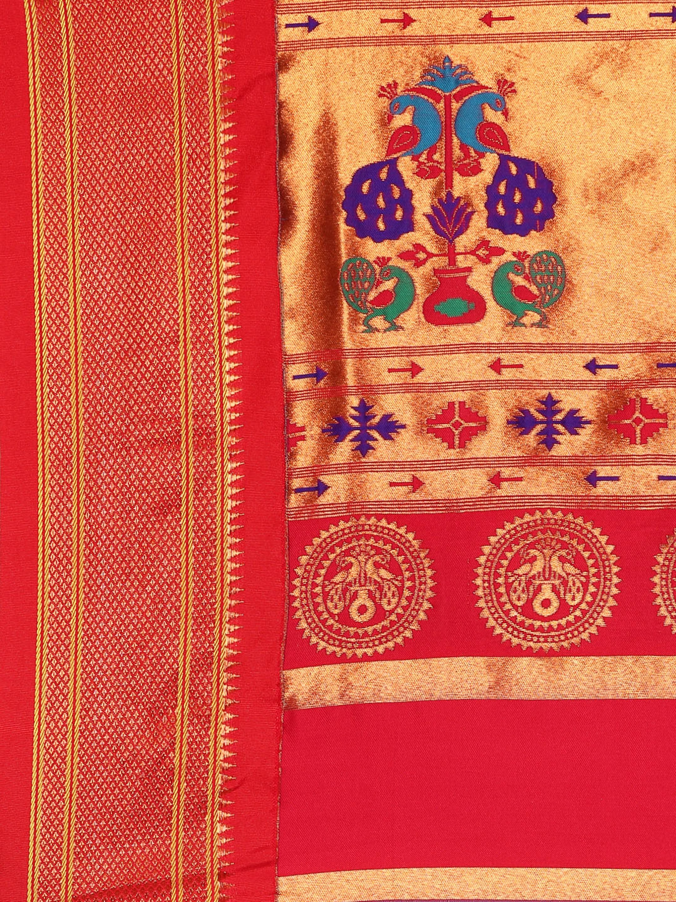 Maharani paithani saree silk blend in indigo blue and red with small peacock meena butti - pallu detail showing woven motif design for wedding wear