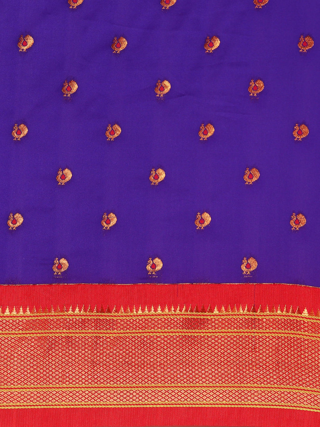 Maharani paithani saree silk blend in indigo blue and red with small peacock meena butti - body fabric detail showing motif design for wedding wear