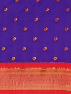 Maharani paithani saree silk blend in indigo blue and red with small peacock meena butti - body fabric detail showing motif design for wedding wear