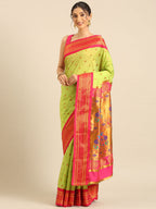 Maharani paithani saree soft silk in popati and pink with small peacock meena butti - front view for wedding wear