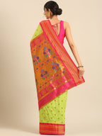 Maharani paithani saree soft silk in popati and pink with small peacock meena butti - back view showing pallu and border for wedding wear