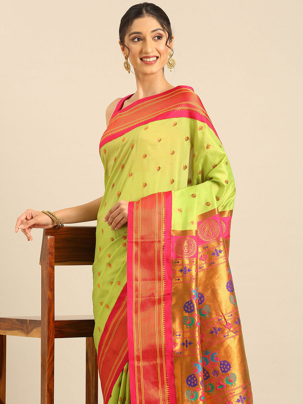 Maharani paithani saree silk blend in popati and pink with small peacock meena butti - closeup view showing fabric and zari work for wedding wear