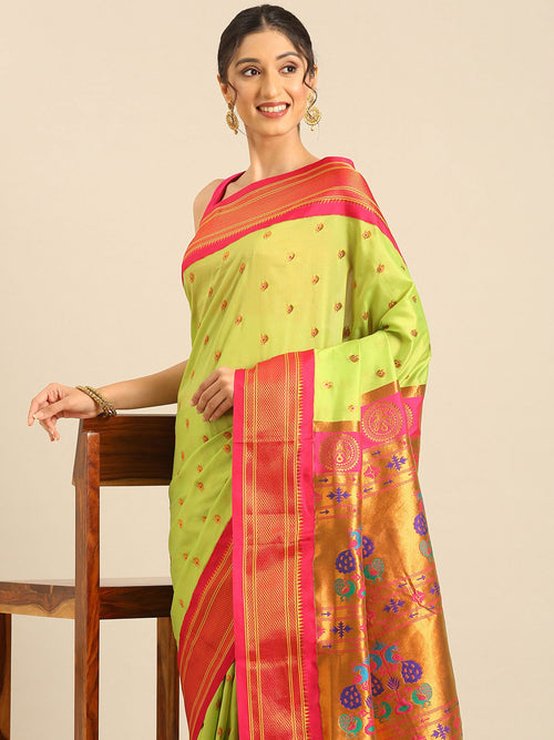 Maharani paithani saree soft silk in popati and pink with small peacock meena butti - closeup view showing fabric and zari work for wedding wear