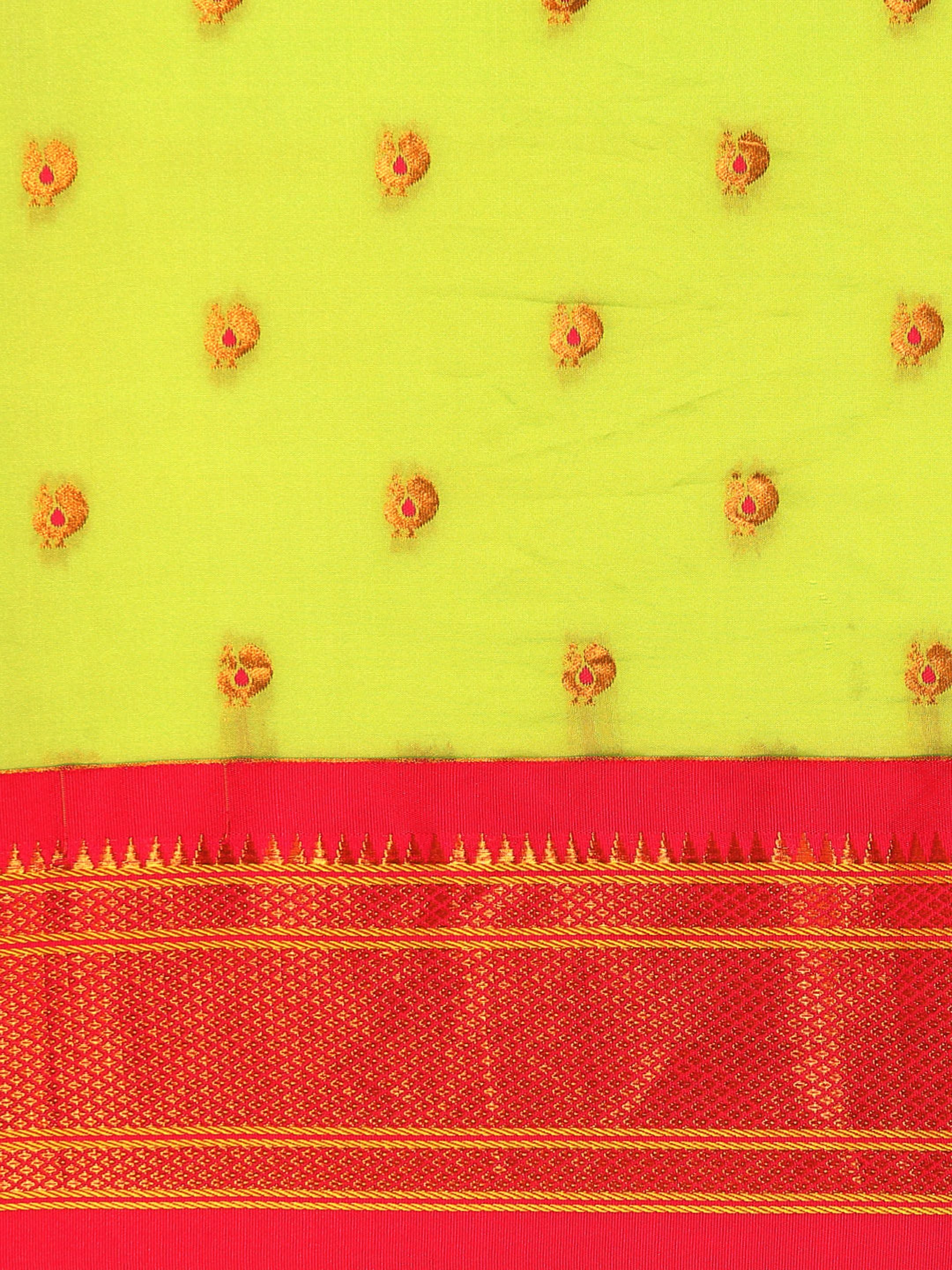 Maharani paithani saree silk blend in popati and pink with small peacock meena butti - body fabric detail showing motif design for wedding wear