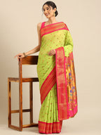 Maharani paithani saree soft silk in popati and pink with small peacock meena butti - styled model view for wedding wear