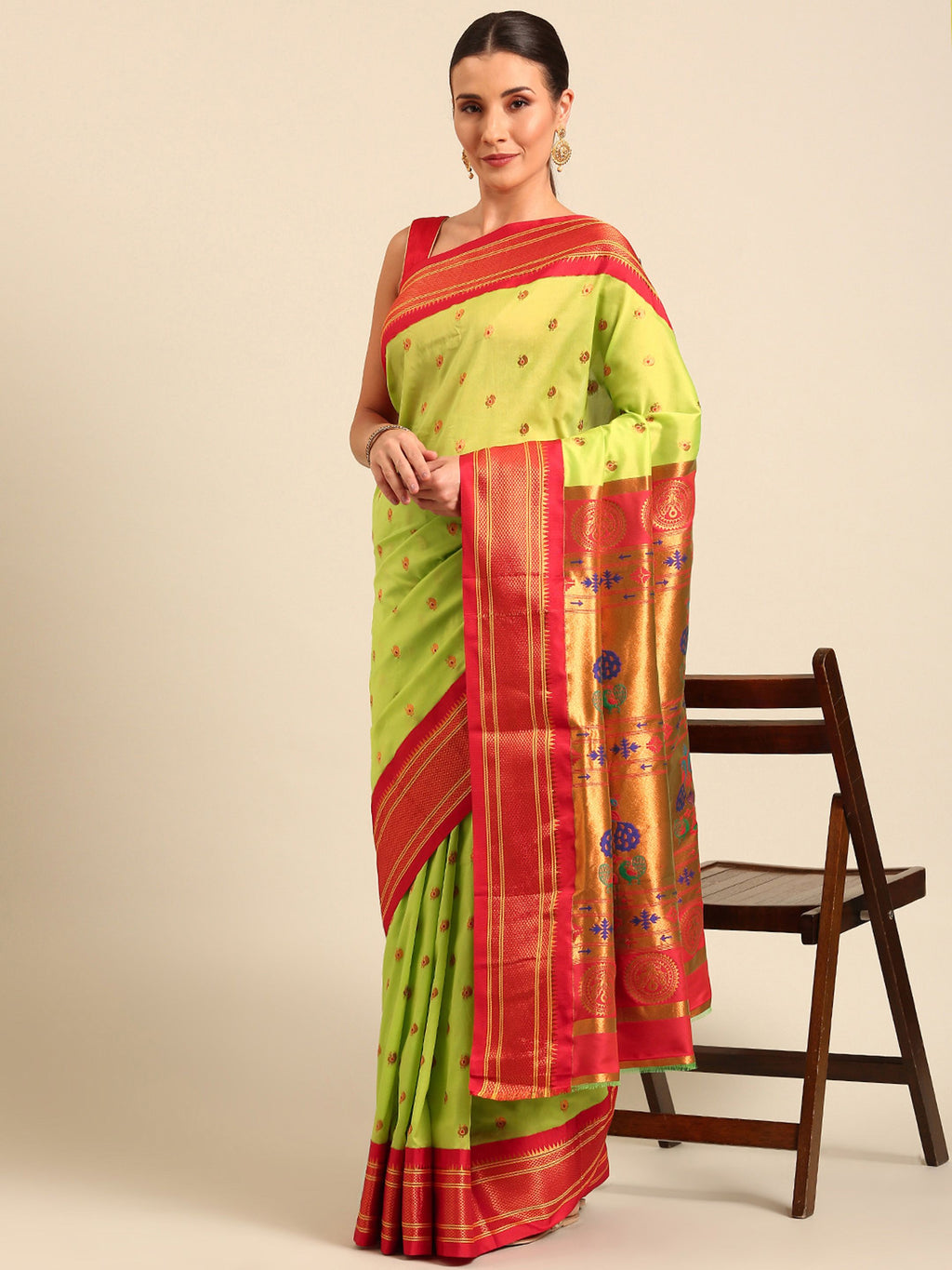 Maharani paithani saree silk blend in popati and red with small peacock meena butti - front view for wedding wear