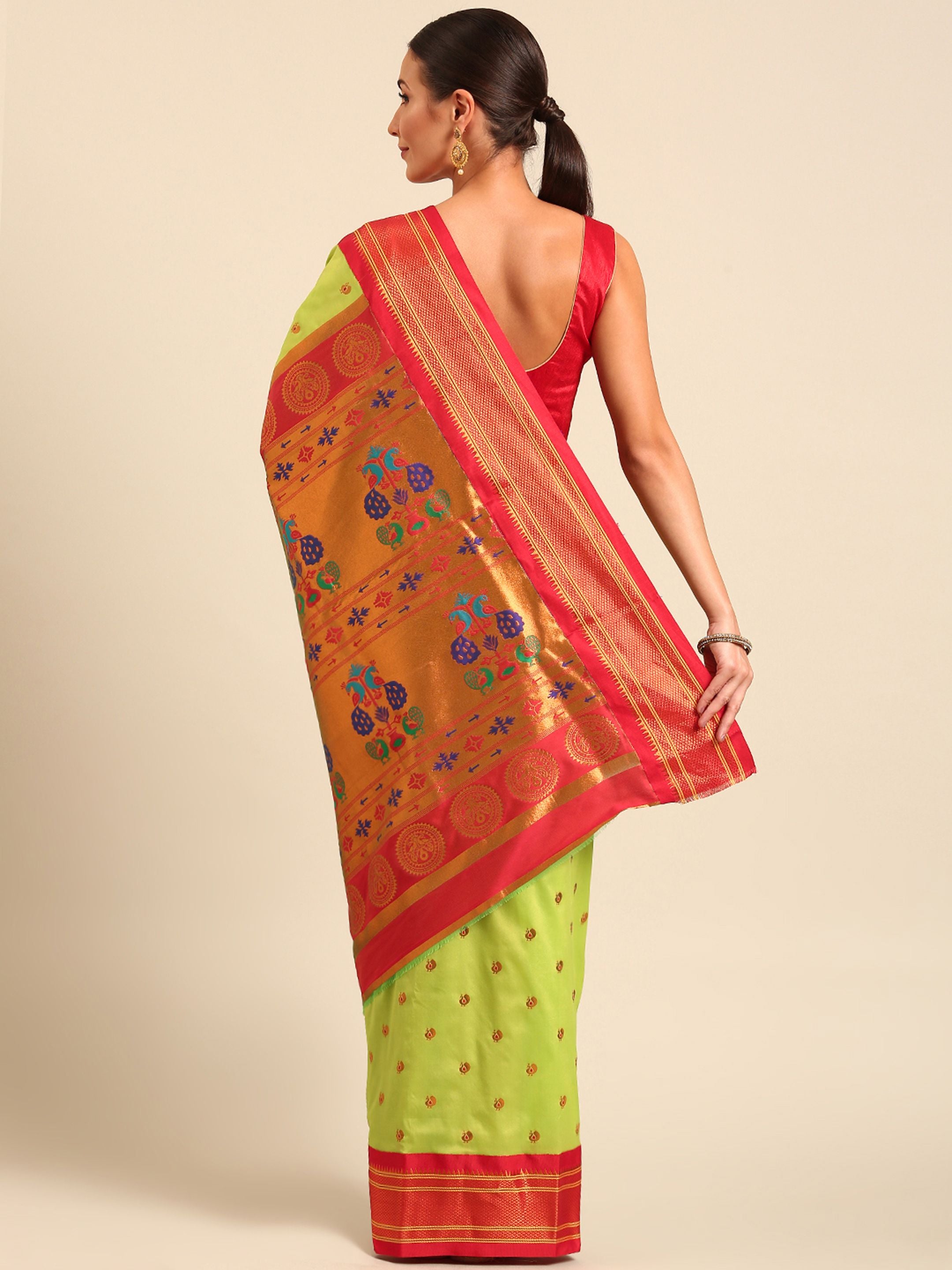 Maharani paithani saree silk blend in popati and red with small peacock meena butti - back view showing pallu and border for wedding wear