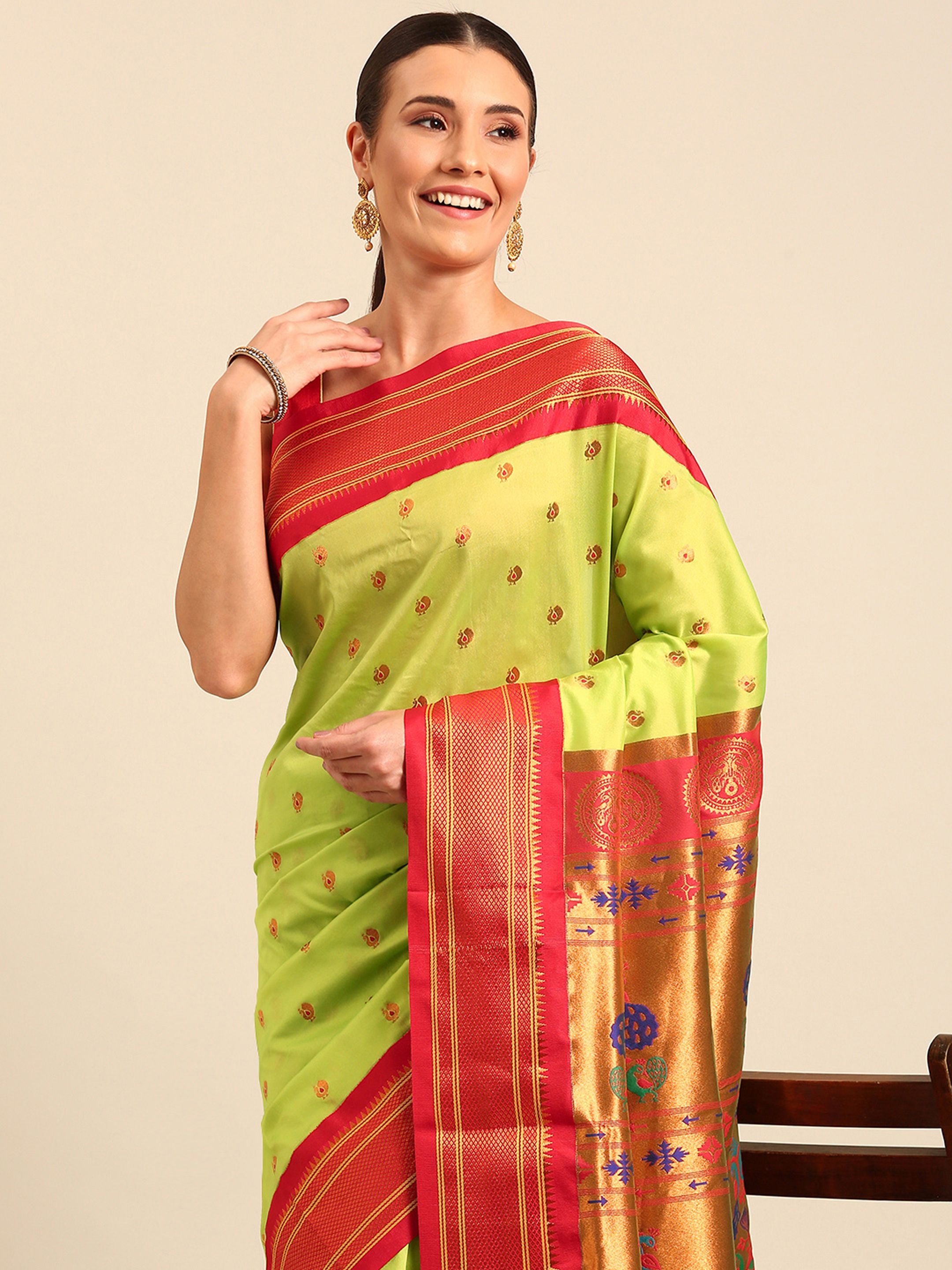 Maharani paithani saree silk blend in popati and red with small peacock meena butti - closeup view showing fabric and zari work for wedding wear