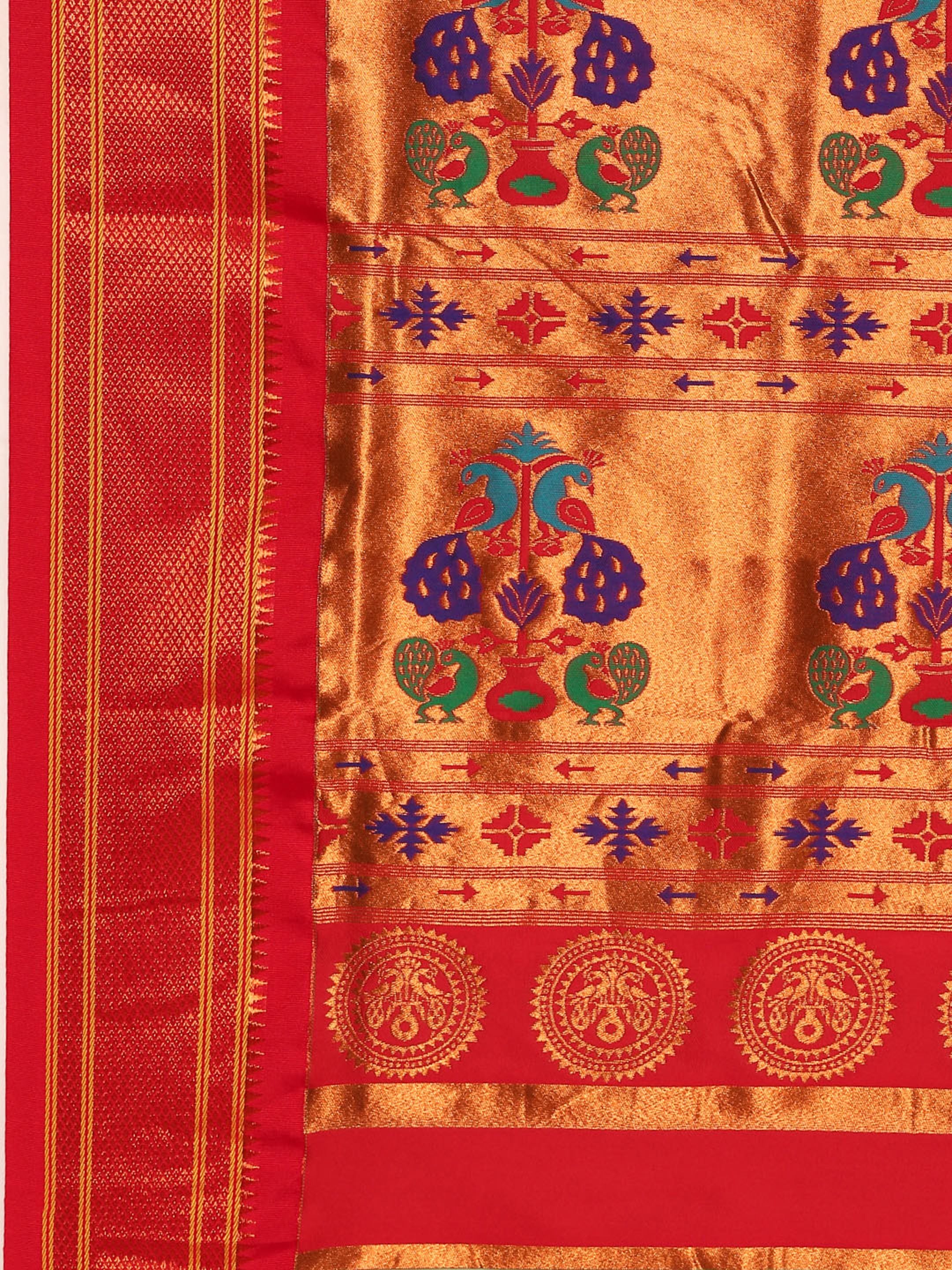 Maharani paithani saree silk blend in popati and red with small peacock meena butti - pallu detail showing woven motif design for wedding wear