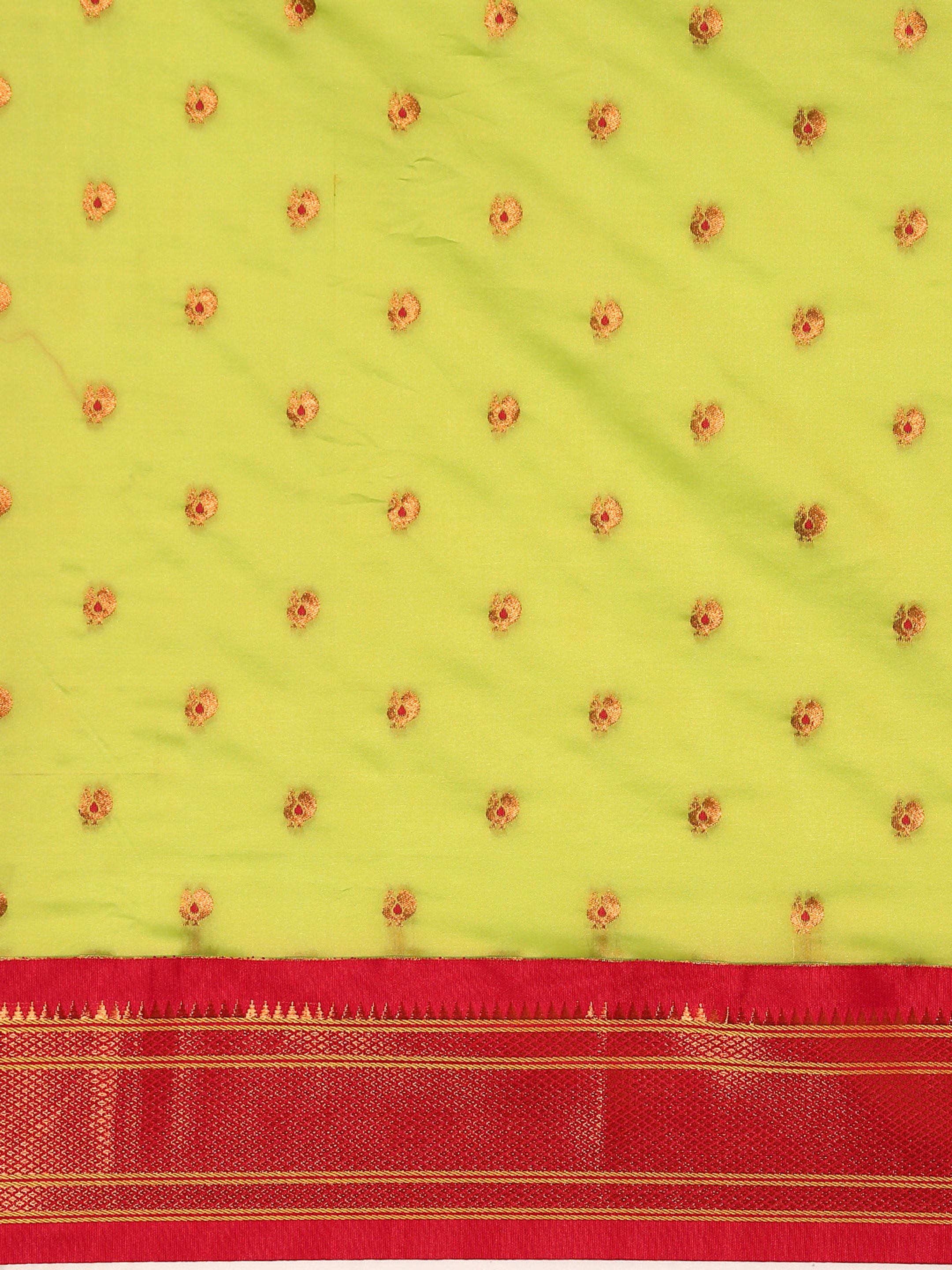 Maharani paithani saree silk blend in popati and red with small peacock meena butti - body fabric detail showing motif design for wedding wear