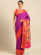 Maharani paithani saree silk blend in purple and pink with small peacock meena butti - front view for wedding wear