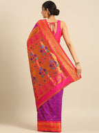 Maharani paithani saree silk blend in purple and pink with small peacock meena butti - back view showing pallu and border for wedding wear