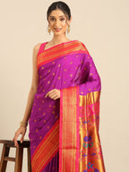 Maharani paithani saree silk blend in purple and pink with small peacock meena butti - closeup view showing fabric and zari work for wedding wear