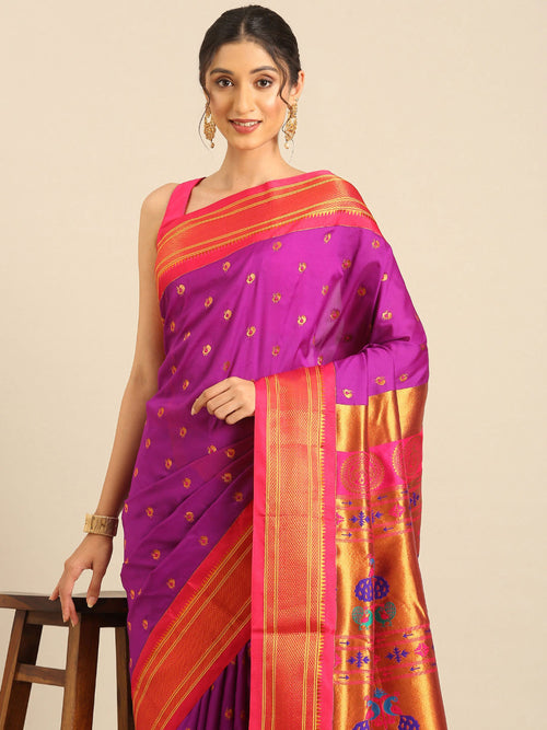 Maharani paithani saree soft silk in purple and pink with small peacock meena butti - closeup view showing fabric and zari work for wedding wear