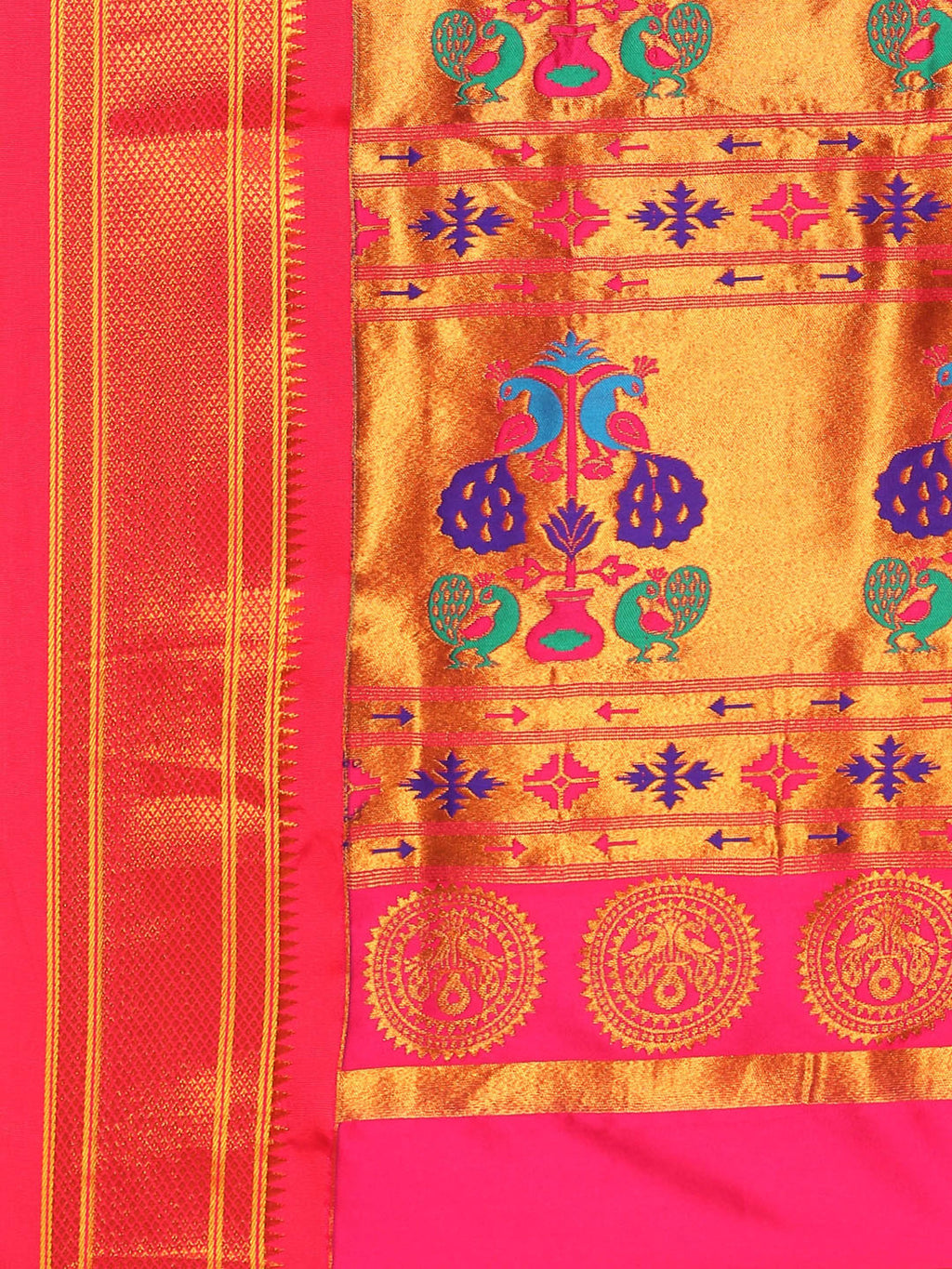 Maharani paithani saree silk blend in purple and pink with small peacock meena butti - pallu detail showing woven motif design for wedding wear