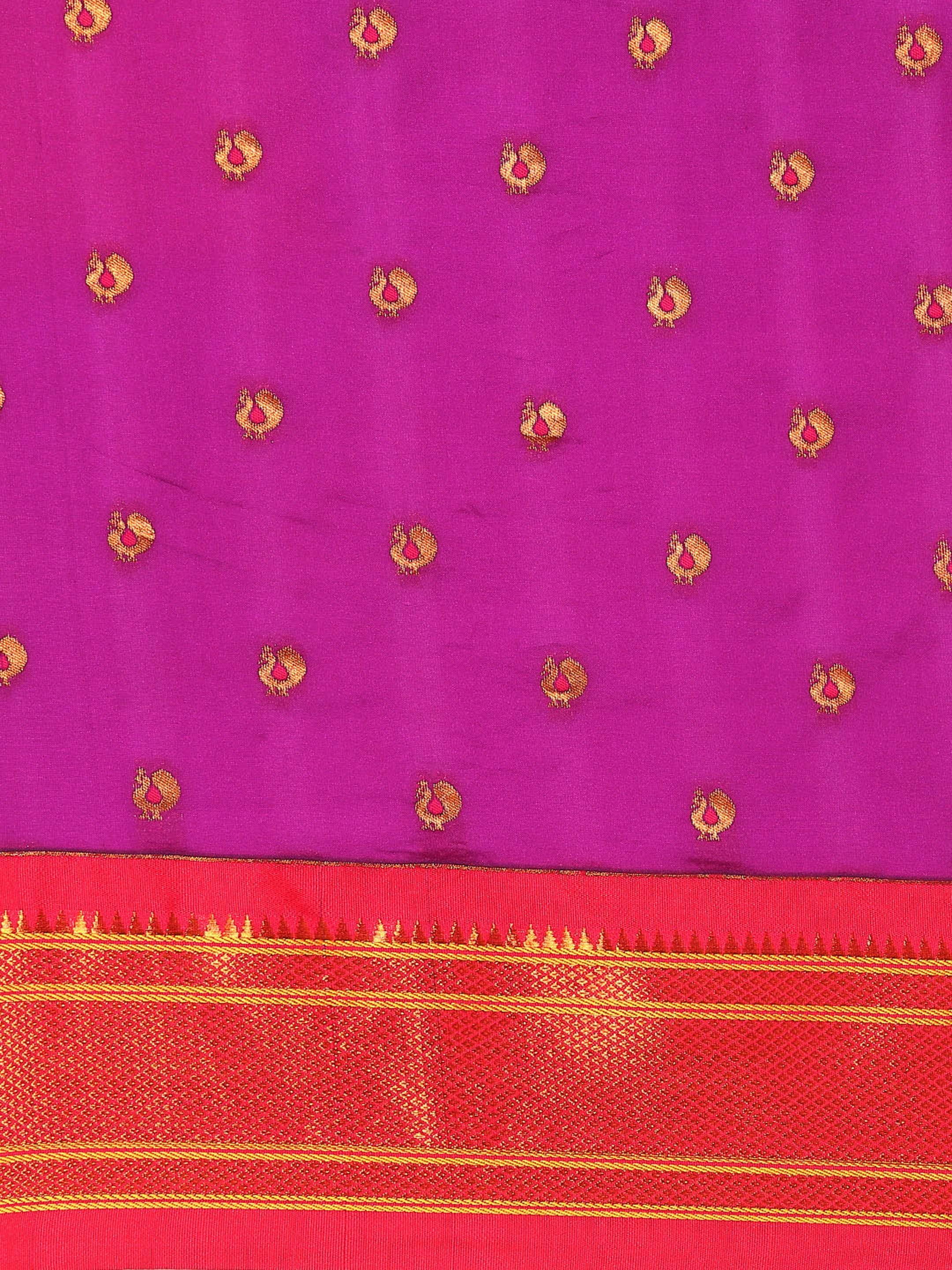 Maharani paithani saree silk blend in purple and pink with small peacock meena butti - body fabric detail showing motif design for wedding wear