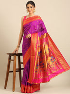 Maharani paithani saree silk blend in purple and pink with small peacock meena butti - styled model view for wedding wear