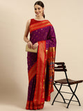 Maharani paithani saree silk blend in purple and red with small peacock meena butti - front view for wedding wear