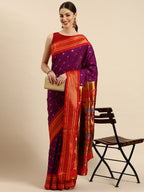 Maharani paithani saree silk blend in purple and red with small peacock meena butti - front view for wedding wear
