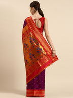Maharani paithani saree silk blend in purple and red with small peacock meena butti - back view showing pallu and border for wedding wear