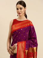 Maharani paithani saree silk blend in purple and red with small peacock meena butti - closeup view showing fabric and zari work for wedding wear