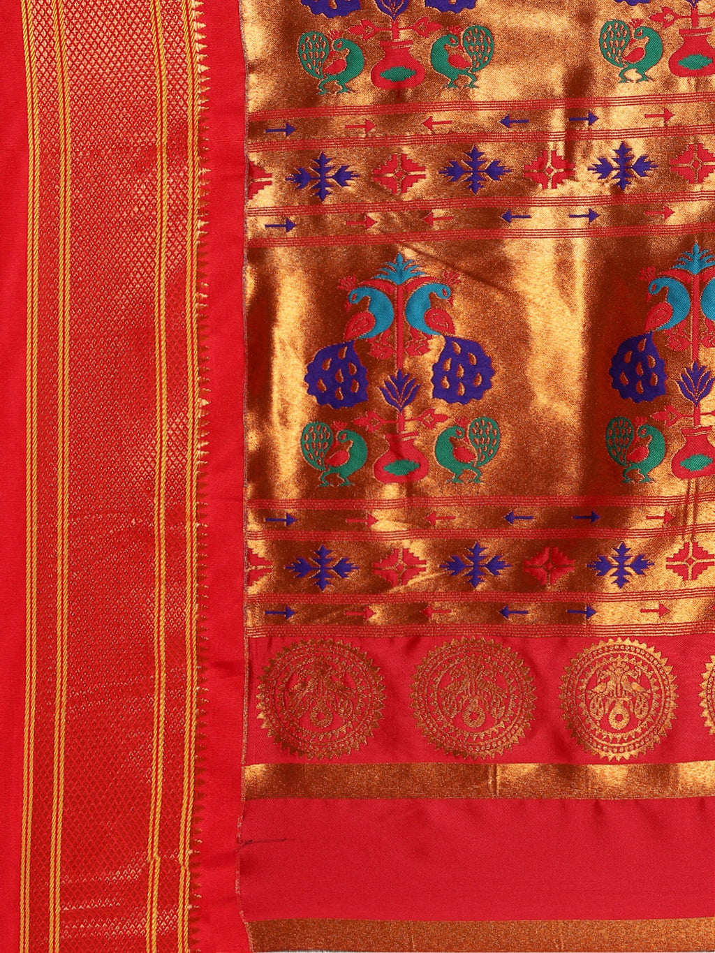 Maharani paithani saree silk blend in purple and red with small peacock meena butti - pallu detail showing woven motif design for wedding wear