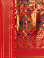 Maharani paithani saree silk blend in purple and red with small peacock meena butti - pallu detail showing woven motif design for wedding wear