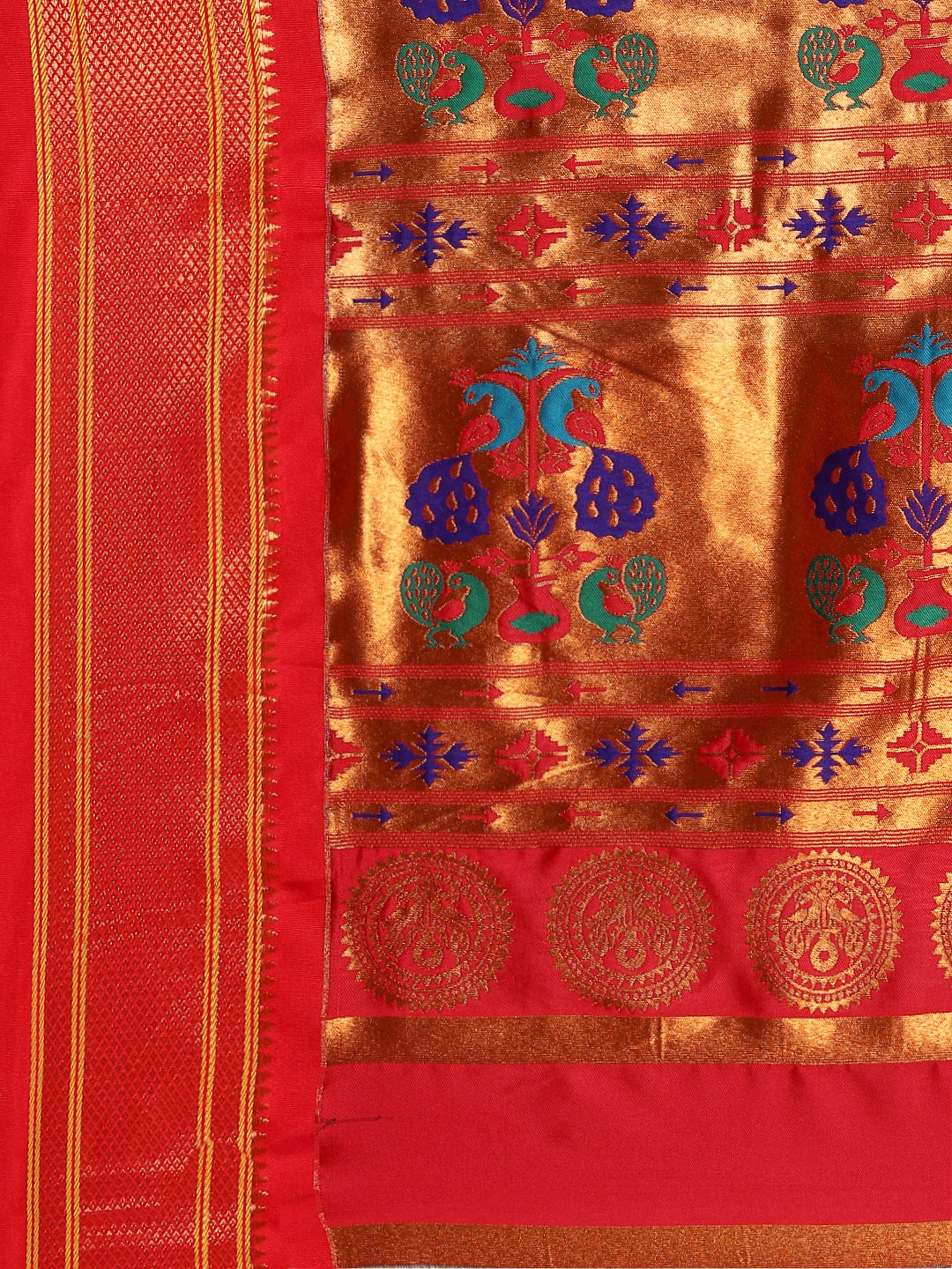 Maharani paithani saree silk blend in purple and red with small peacock meena butti - pallu detail showing woven motif design for wedding wear