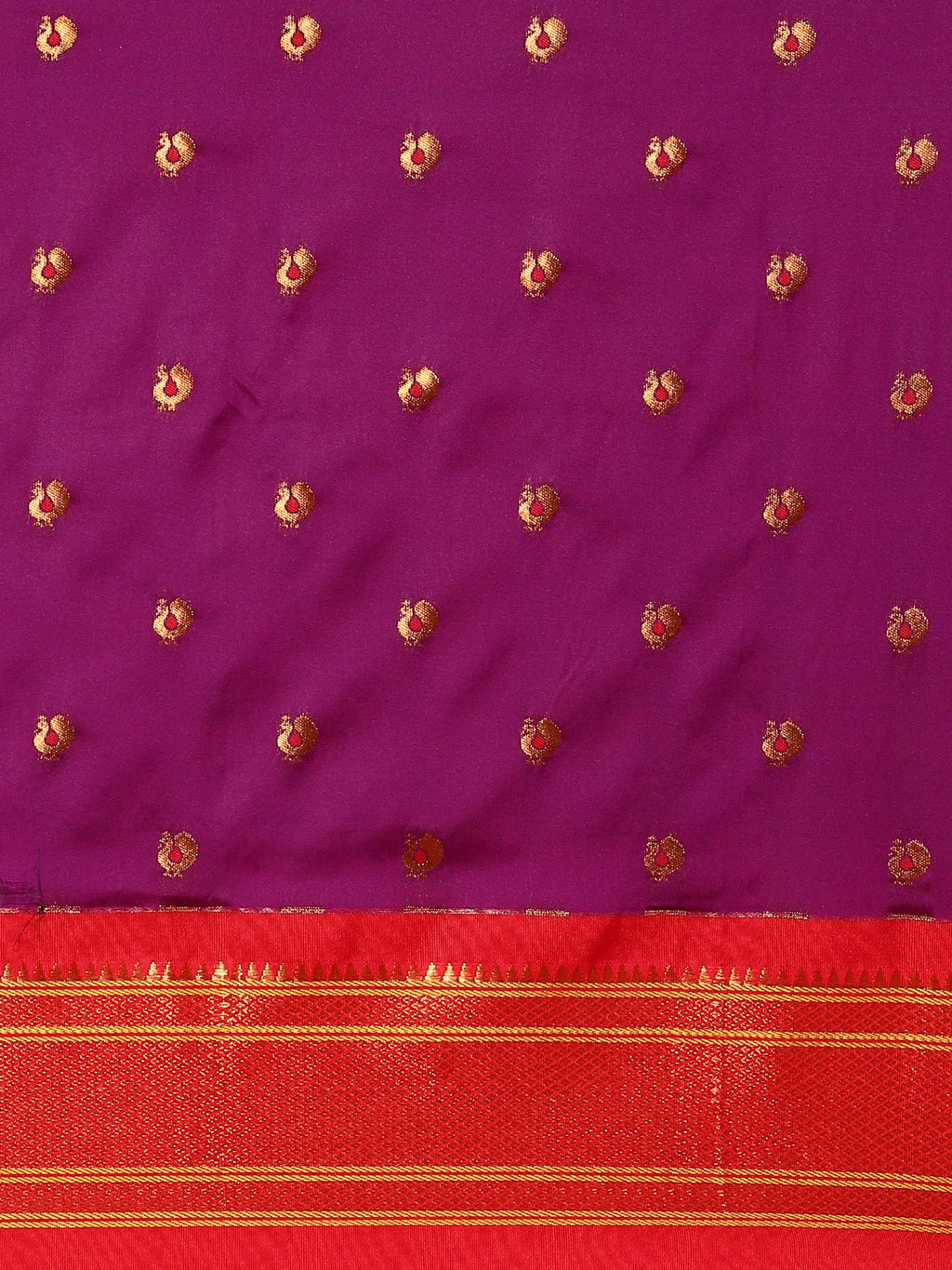 Maharani paithani saree silk blend in purple and red with small peacock meena butti - body fabric detail showing motif design for wedding wear